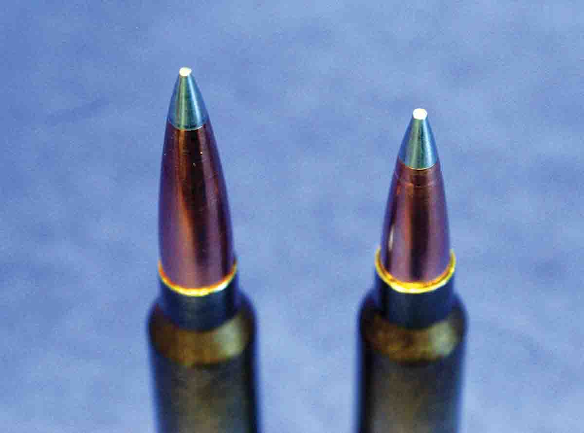 At left is a 230-grain A-TIP seated to 3.720 inches overall length in the .300 Winchester Magnum using a seating stem designed for high BC bullets. At right is the same bullet seated with a conventional seating stem on top of a very compressed load of Hodgdon Retumbo, which slightly deformed the aluminum tip.